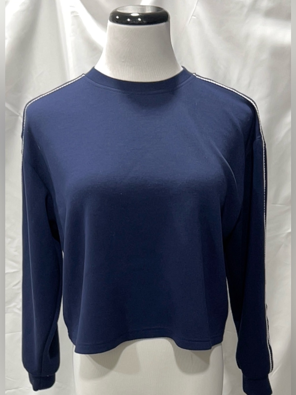 Elie Tahari Women Navy Cropped Crewneck Pullover Sweatshirt Striped Sleeve Small